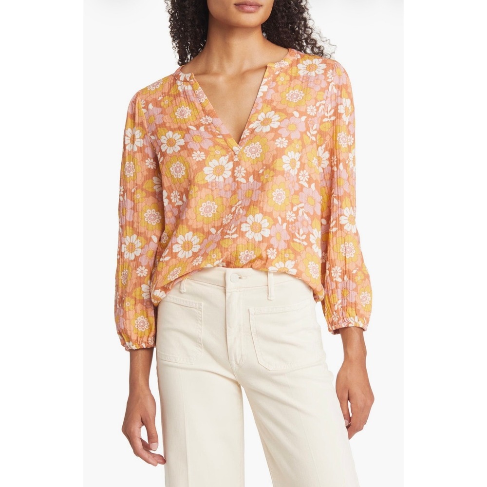Marine Layer Jamie Top Womens Small Orange Floral Long Sleeve Cotton Band Collar